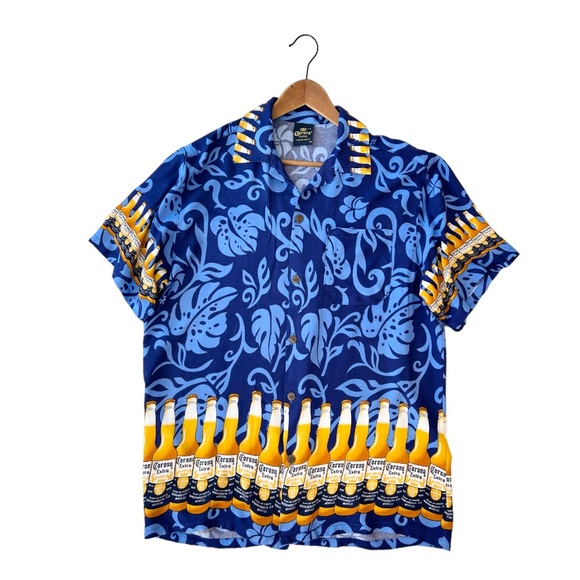 Vintage Corona Extra Beer Print Rayon Hawaiian Style Button Down Shirt - Picture 1 of 12